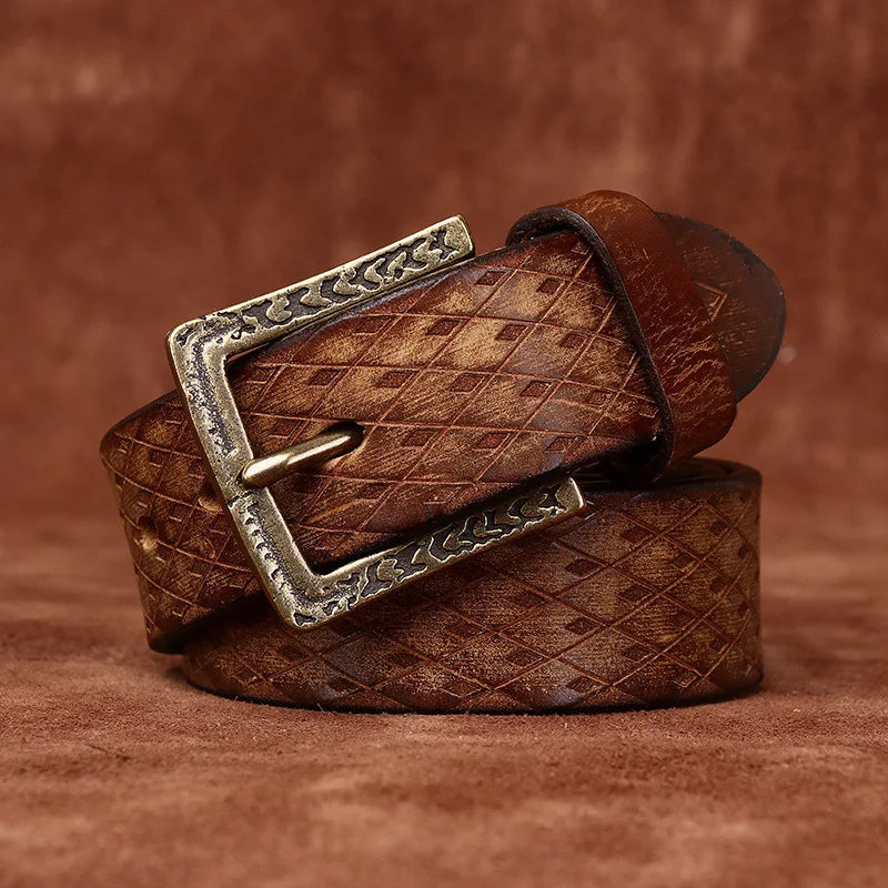 3.8CM Thickened Italian Pure Cowhide High Quality Genuine Leather Belts for Men Carving Strap Male Brass Buckle Jeans Cowboy