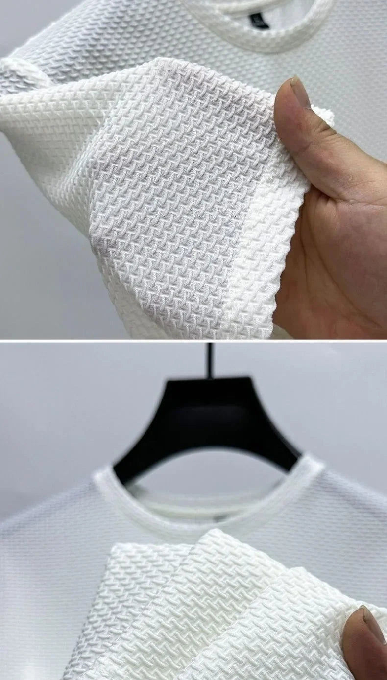 Men Ice Silk Bamboo Mesh T-shirt Summer Elastic Short Sleeve Round Neck Tees Casual Slim Fit Basic Tops Trendy Male Daily Streetwear Shirts