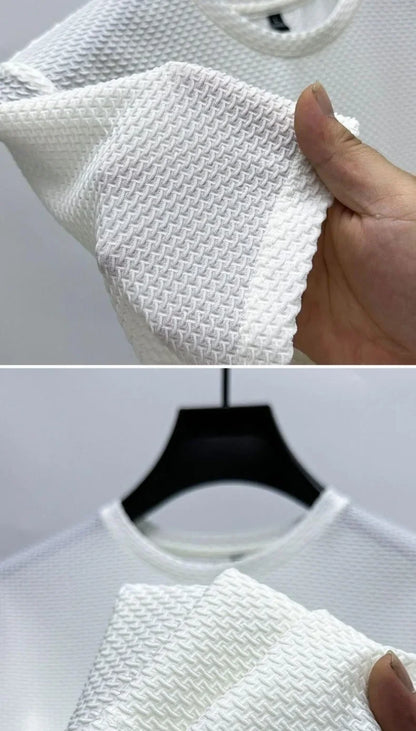 Men Ice Silk Bamboo Mesh T-shirt Summer Elastic Short Sleeve Round Neck Tees Casual Slim Fit Basic Tops Trendy Male Daily Streetwear Shirts