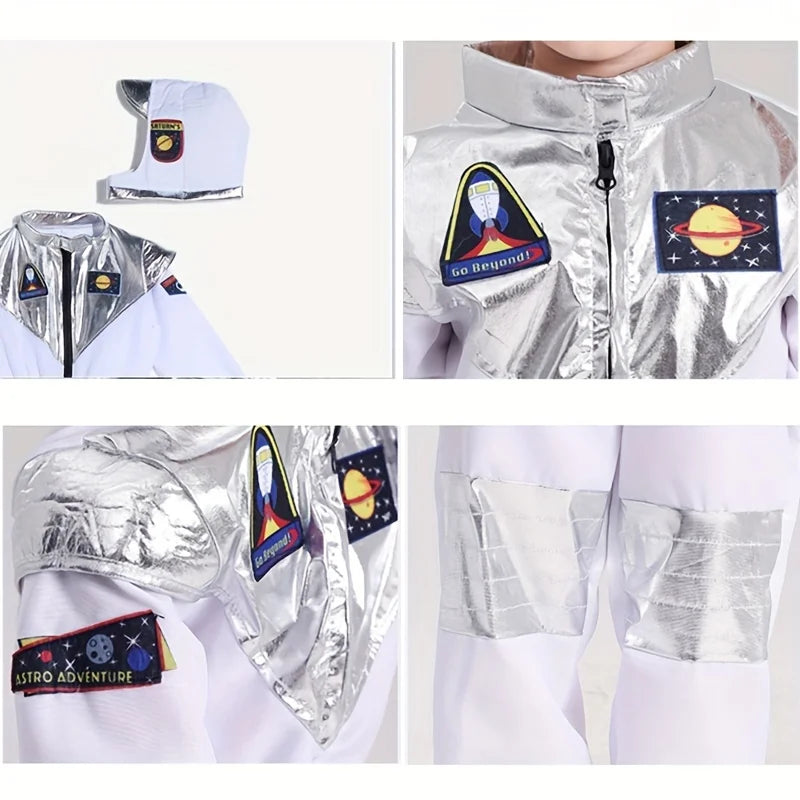 Boy's Cartoon Astronaut Cosplay Costume, Halloween Dress Up One-piece Jumpsuit & Hat, Kid's Dress Up Outfit For Carnival Party