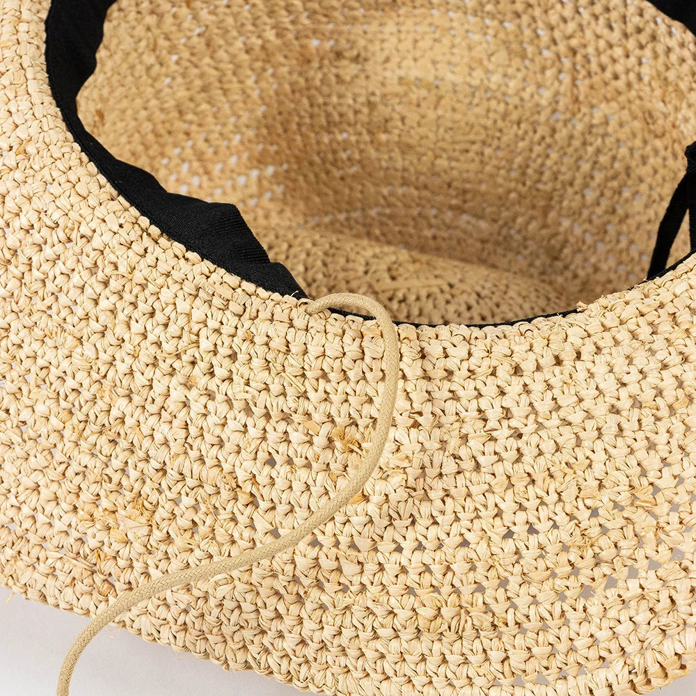 Hand-crocheted Natural Raffia Straw Cowboy Hat for Women Men Summer Wide Brim Sun Hat Outdoor Breathable Beach Caps