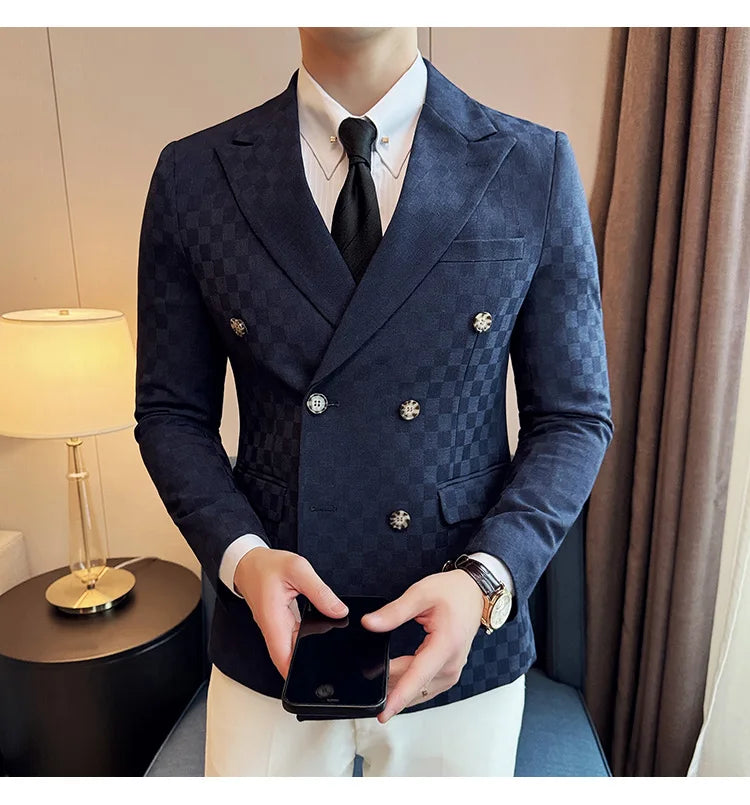 6 Color Luxury Double Breasted Blazers Coats 2024 New Fashion Checkered Business Slim Fit Social   Formal Suit Jacket 5XL-M