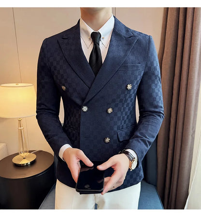 6 Color Luxury Double Breasted Blazers Coats 2024 New Fashion Checkered Business Slim Fit Social   Formal Suit Jacket 5XL-M