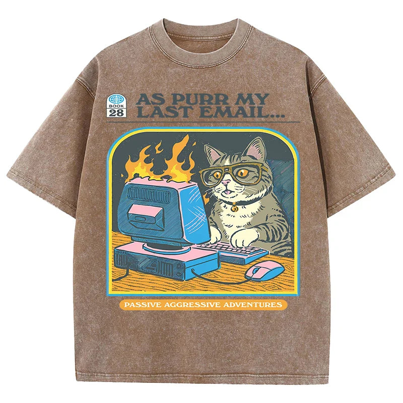 Cat Playing Computer GamesPrint Snow Wash T Shirt Man Unisex Washed Tees Casual Shortwear Soft Breathable Cotton Clothes