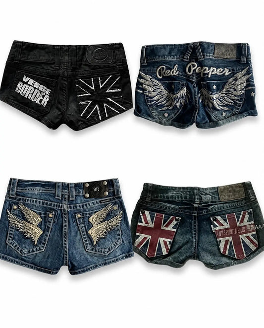 Y2k Flag Embroidery Vintage Denim Women Shorts Harajuku Slim Light Blue Jean Low Waist Short Street Mini Short Women Clothing