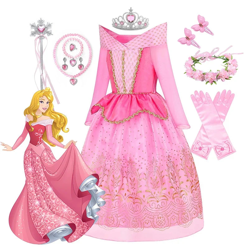Sleeping Beauty Aurora Princess Dress Cosplay Off Shoulder Kids Gifts Fancy Halloween Party Girl Baby Lace Dress Set