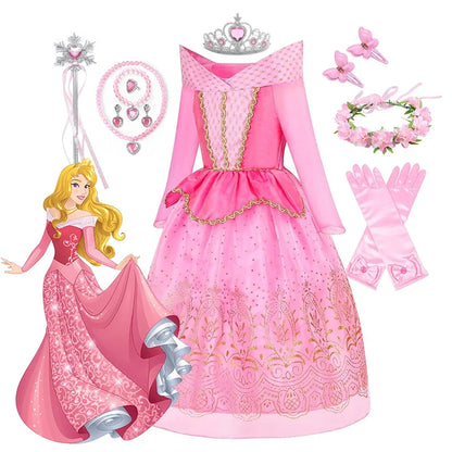 Sleeping Beauty Aurora Princess Dress Cosplay Off Shoulder Kids Gifts Fancy Halloween Party Girl Baby Lace Dress Set
