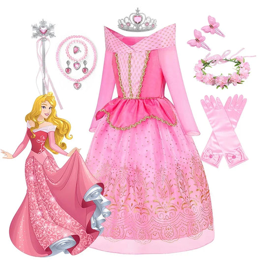 Sleeping Beauty Aurora Princess Dress Cosplay Off Shoulder Kids Gifts Fancy Halloween Party Girl Baby Lace Dress Set