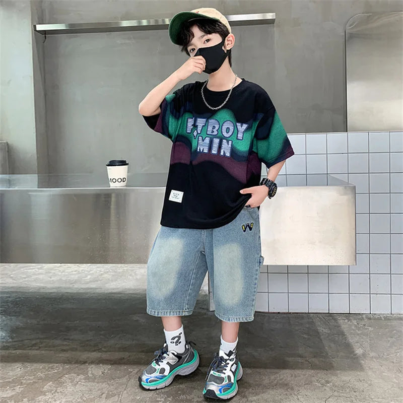 Summer Boy Denim Shorts and Top Clothes Set Outfit Kids Fashion 2-Piece Suit Korean Children Streetwear Tracksuit 5 6 7 9 10 14Y