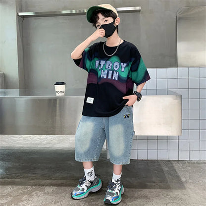 Summer Boy Denim Shorts and Top Clothes Set Outfit Kids Fashion 2-Piece Suit Korean Children Streetwear Tracksuit 5 6 7 9 10 14Y