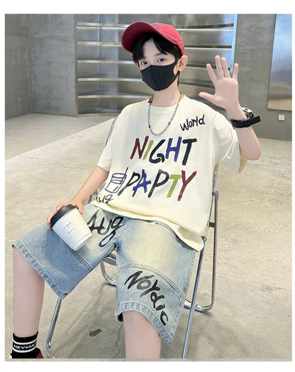 Luxurious Boys Set Summer Outfit Suit Age 5 6 7 8 9 10 11 12 13 14 Years Child Clothing Set Kids Letter T-shirt and Denim Shorts