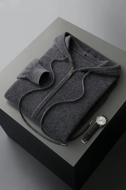 2025 New Men Knitted Plane Hooded Cardigan Cashmere Sweater Zipper Design Pocket Decoration High quality Thick Warmth Hoodie