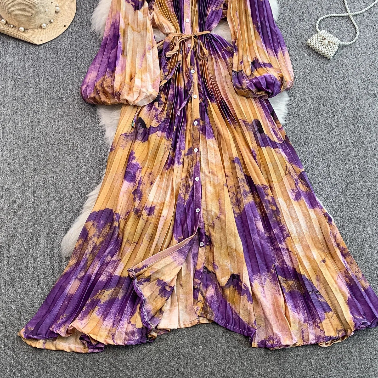 Ele Printed round Ne Lantern Sve Dr Women's Single Button Waist Cinch Maxi Skirt Long Dr Commute Sle Autumn