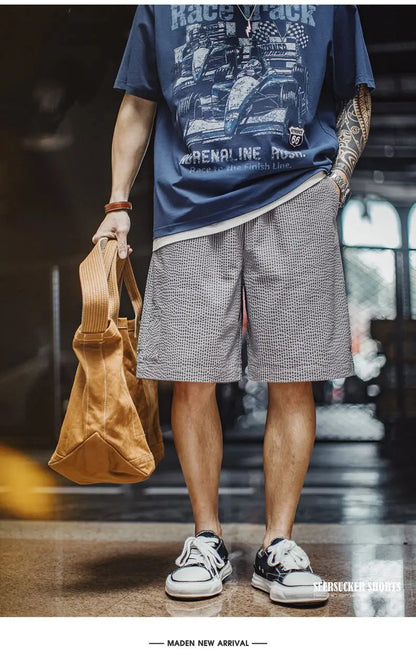 Casual Seersucker Checked Shorts Men's Summer Breathable Office Shorts Elastic Waist Pants Straight Leg Comfortable Bottom