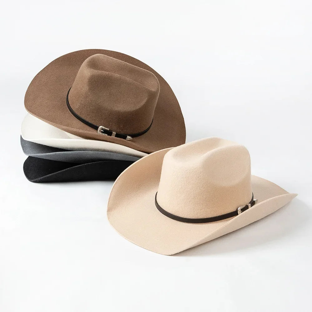 New Autumn Winter Women Fedoras with Belt Buckle Wide Brim Rolled Wool Cowboy Hat M L Size Obtainable