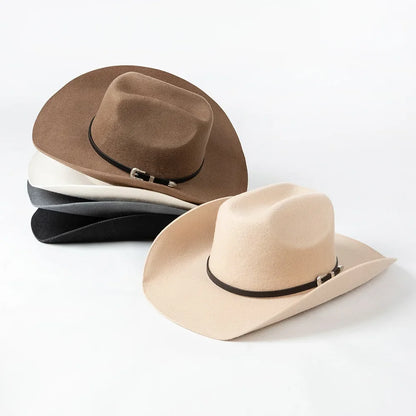 New Autumn Winter Women Fedoras with Belt Buckle Wide Brim Rolled Wool Cowboy Hat M L Size Obtainable