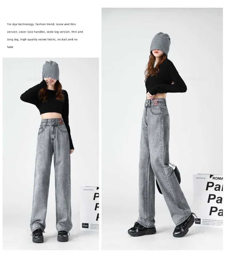 Y2K Woman Jeans High Waist Wide Leg Cotton Denim Clothing Blue White Streetwear Vintage Fashion Harajuku Straight Pants