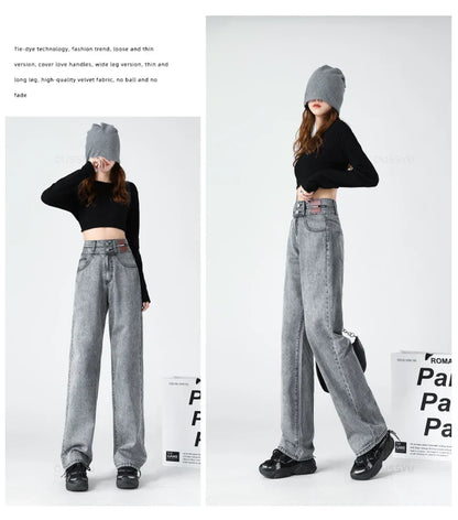 Y2K Woman Jeans High Waist Wide Leg Cotton Denim Clothing Blue White Streetwear Vintage Fashion Harajuku Straight Pants