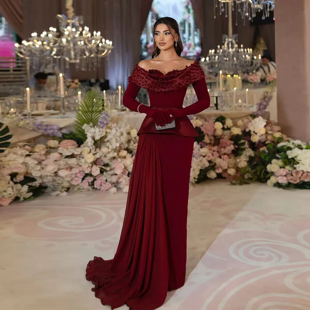 Mermaid Saudi Dress Trumpet Long Sleeves Off The Shoulder Floor Length Women's Evening Dresses Beading Wedding Party Dress