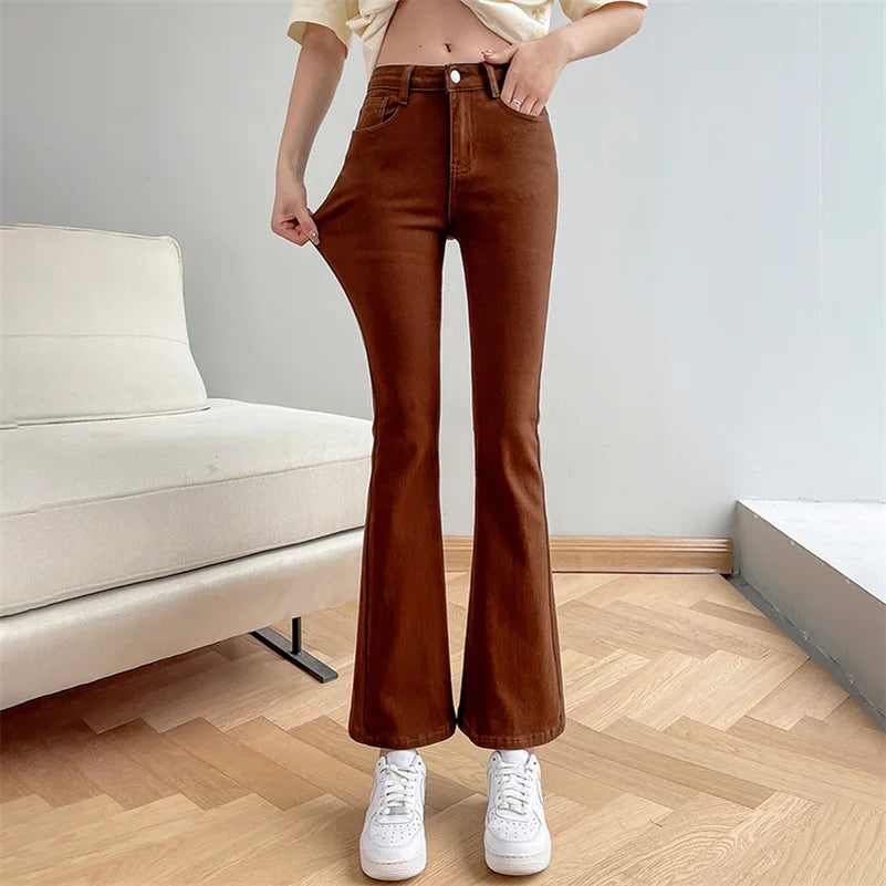 Women Fashion Flare Jeans Winter Streetwear Y2K Straight Pants Ankle Length Denim Jeans Girls Party Casual Retro Blue Trousers