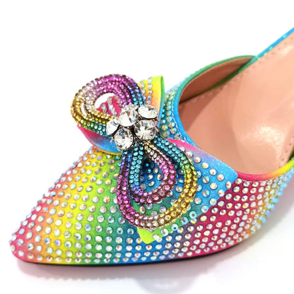 The Latest INS Style Rhinestone Bow Side Empty Party High Heels Pointed Toe Stiletto Heels Silver Women's Shoes And Bags
