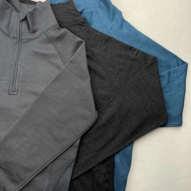 100% Merino wool Men's Base Layer Top 1/2 Zip Thermal long sleeve T shirts 210GSM Hiking Breathable Wicking Moisture