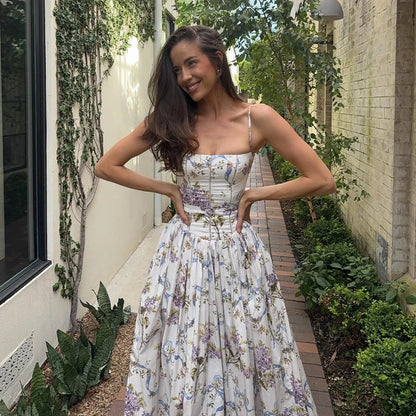 Summer Print Strappy Long Dress A-line Casual Beach Vacation Dress for Women