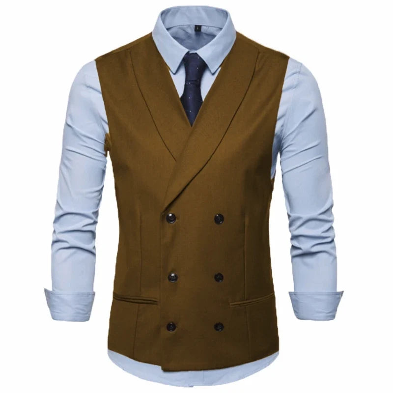 Men Vest Black Solid With Lapel Double Button Waistcoat For Regular Slim Wedding Banquet Business Work Men Suit Vest