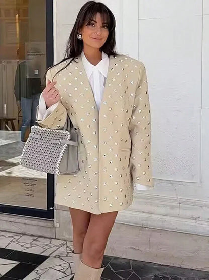 Women's Rivet Decoration Casual Blazer Long Sleeve V Neck Beige Spring Fall Coat