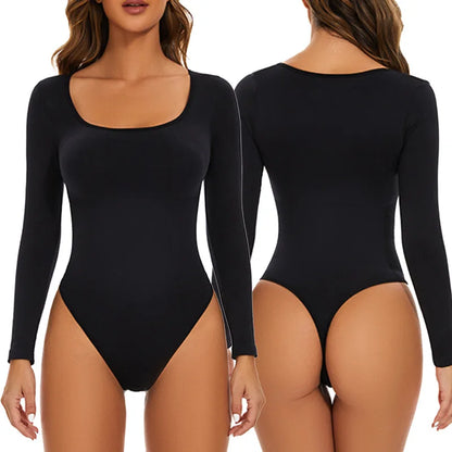 Open Crotch Big U Neck Seamless Bodysuit Long Sleeve Spandex Elastic Body Suit Shapewear Tummy Control Waist Shapers