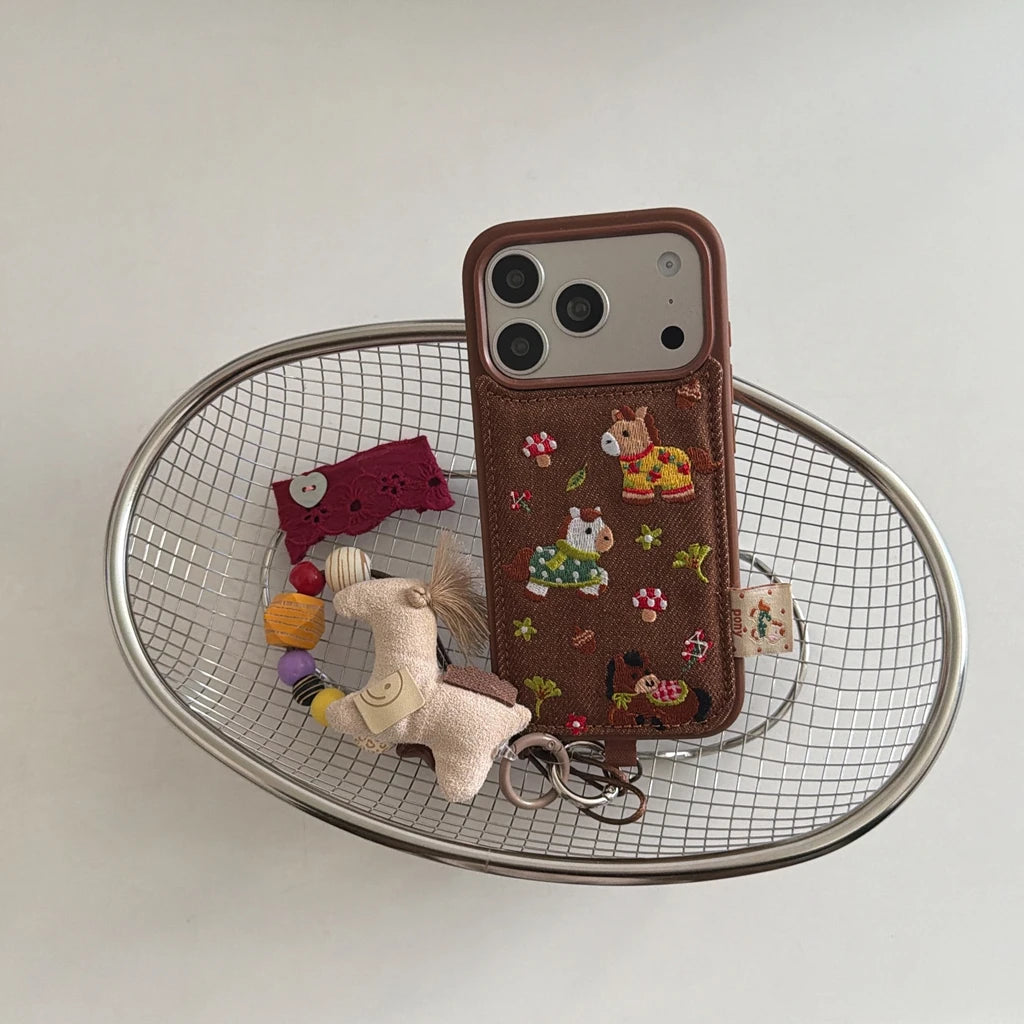Cute Brown Embroidered Pony Mushroom With Lanyard Shockproof Protective Phone Cover Case for iPhone 17 16 15 14 Pro Max