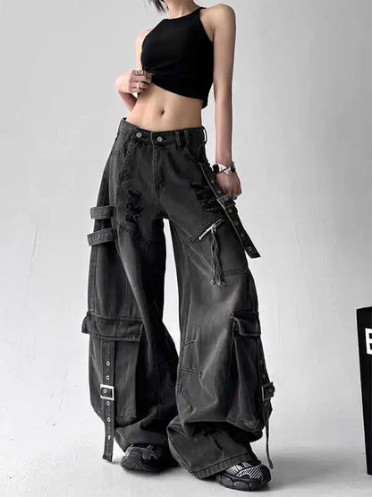Black Jeans Women American Style Y2K 90S Vintage High Waisted Jean Straight Trouser Streetwear Casual Loose Wide Leg Denim Pants