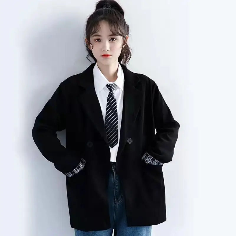 Petite Women's Spring Autumn Black Rolled Cuffs Blazer New Arrival Loose Vintage Casual Plaid Korean Style Chic Suit Jacket