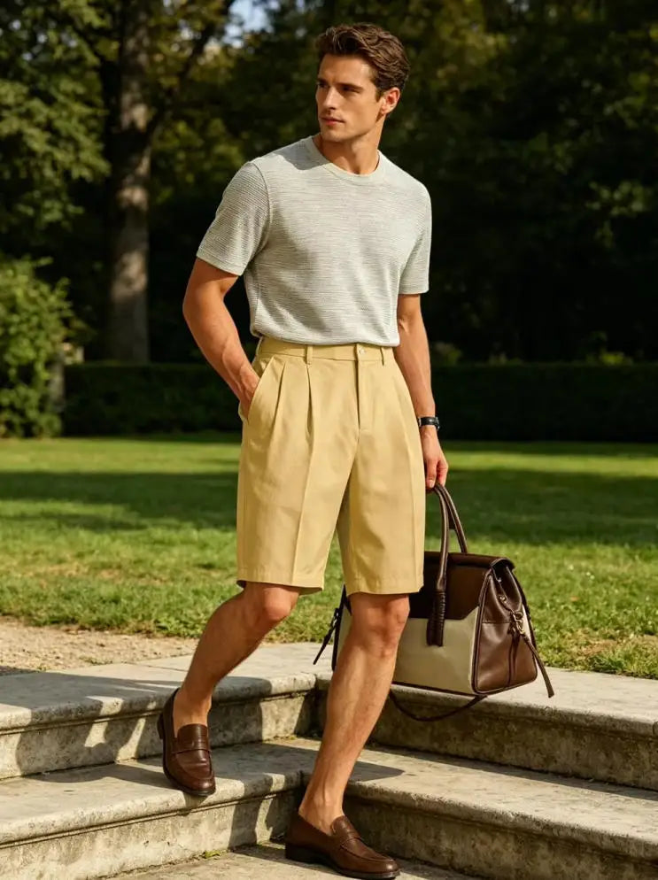 Men's Shorts Casual Pleated Dress Elastic Waist Multi Pockets Classic-Fit Golf Shorts for Men Cotton Summer Formal Shorts Sports