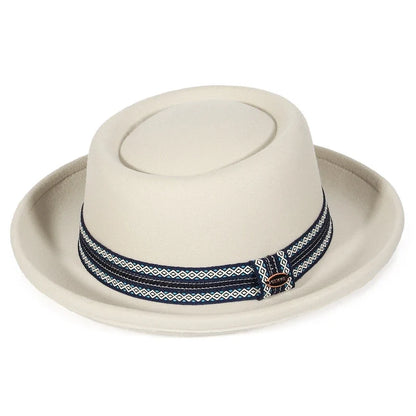 Autumn Winter Pork Pie Fedora Hat for Women Men Soft Felt Curved Brim Porkpie Hats with Hatband Feather