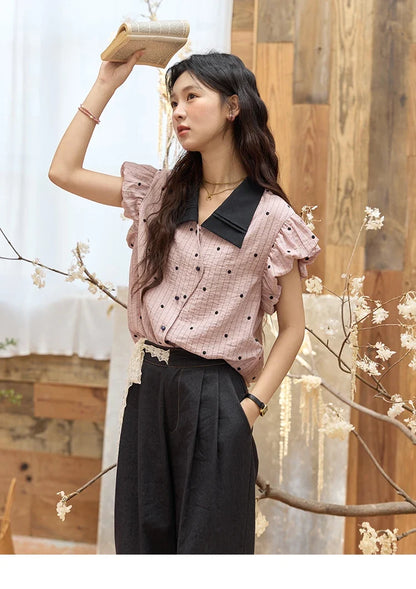 Summer Office Lady Blouses Women 2025 Short Sleeve Turn-down Collar Polka Dot Shirts Female Fashion Slim Tops MXE31C0776