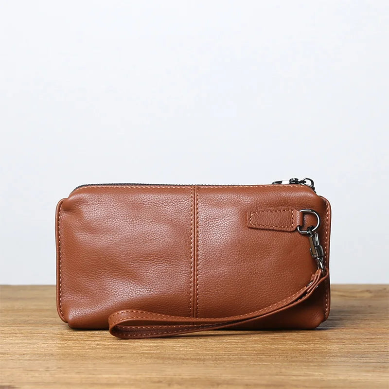 Leather Leisure Man With Long Purse, Soft Leather, Hand Zipper, Money Chuck Layer, Cowhide Credit Card Bag, Cell Phone Bag