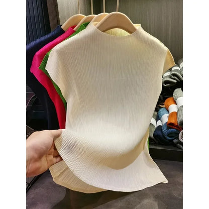 Miyake Versatile Classic Simple Solid Color Stand Up Collar Pleated Top Women Slim Slim Short Sleeve Miyake T-shirt Summer 2025