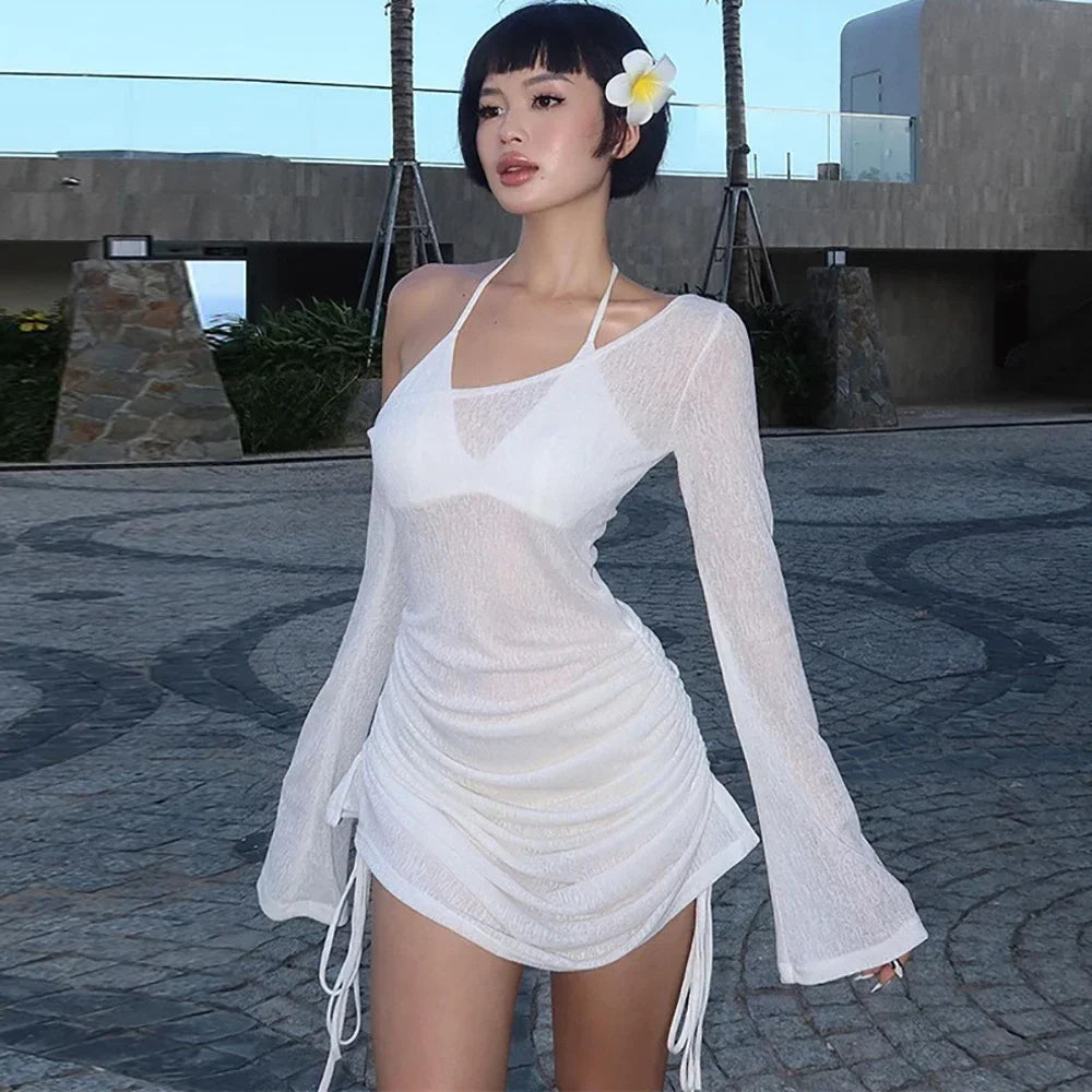 Sheer Swimsuit Coverup for Women Bathing Suit Cover Up Swimwear Drawstring Beach Bikini Dress Shirt for Poolside Seaside Party