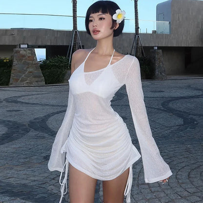 Sheer Swimsuit Coverup for Women Bathing Suit Cover Up Swimwear Drawstring Beach Bikini Dress Shirt for Poolside Seaside Party