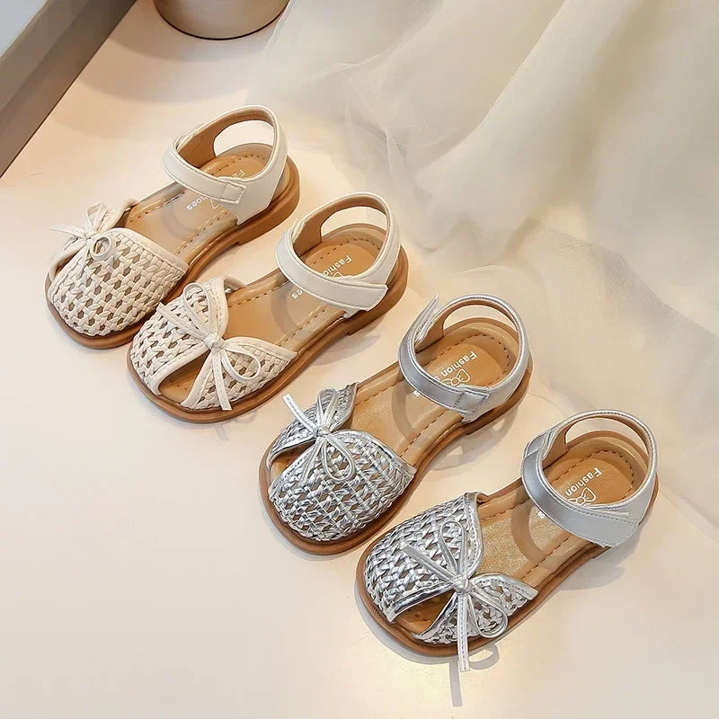 Girls Princess Shoes Weave Breathable Kids Beach Shoes with Simple Bows 2025 Summer New Children Sandals Soild Color Non-slip