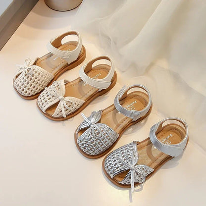 Girls Princess Shoes Weave Breathable Kids Beach Shoes with Simple Bows 2025 Summer New Children Sandals Soild Color Non-slip