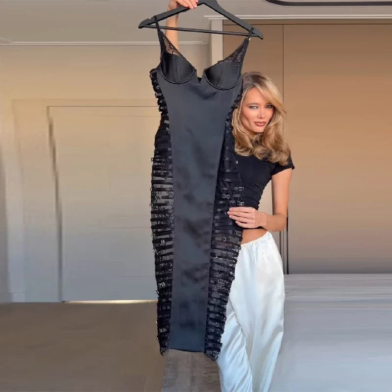 Women's Sexy Side Perspective Lace Dress Black Buckle Satin Mesh Panels Midi Dress Stylish Lady Date Club Party Trend Clothes