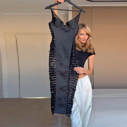 Women's Sexy Side Perspective Lace Dress Black Buckle Satin Mesh Panels Midi Dress Stylish Lady Date Club Party Trend Clothes