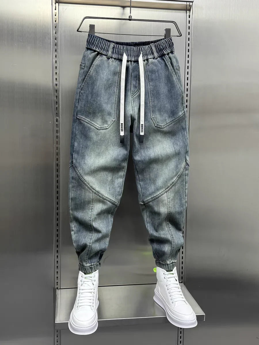 Blue Denim Jeans Loose Harem Pants Elastic Waist Cuffs Casual Spring Autumn Luxury Clothing Men korean 2024 New Men's Fashion