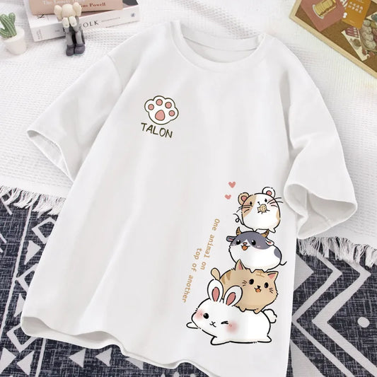 Summer Trendy Simple Cat Printed Short-sleeved T-shirt for Ladies and Boys Same Loose Casual Large-size Top