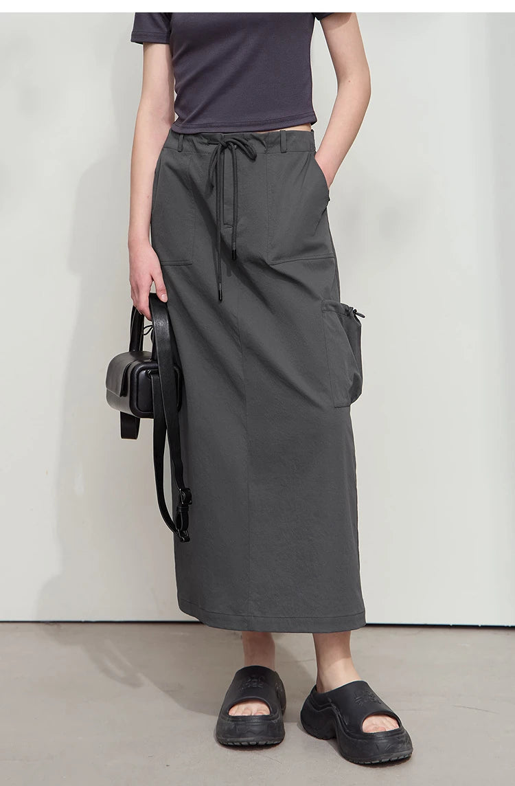Minimalist Women Clothing Skirt 2025 Autumn New Casual Loose Multi-pocket Drawstring Elastic Waist Long Skirt 12522020