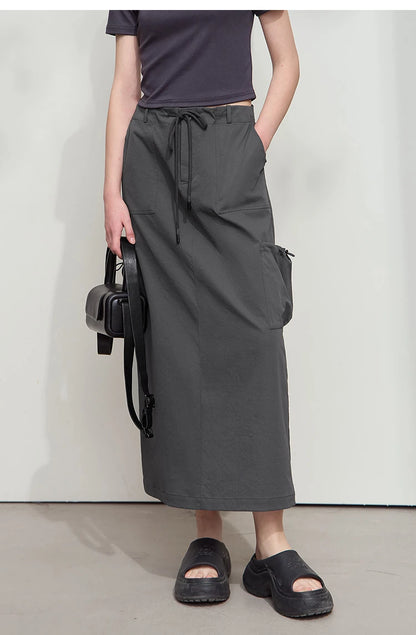 Minimalist Women Clothing Skirt 2025 Autumn New Casual Loose Multi-pocket Drawstring Elastic Waist Long Skirt 12522020