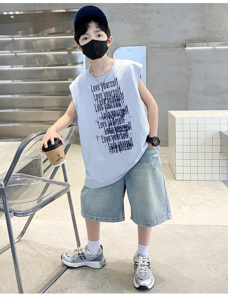 2025 New Summer Outfit Sets for Boys Sleeveless Tshirt And Denim Shorts 2 Pieces Tracksuit Kids Child Stylish Sports Suits 5-14Y