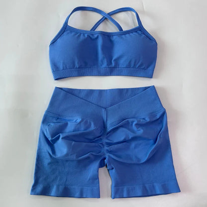 2 Pieces Set For Woman Clothes Seamless Scrunch Yoga Shorts Set Backless ktp Sports Bra Fitness Workout Top Gym Set Outfits